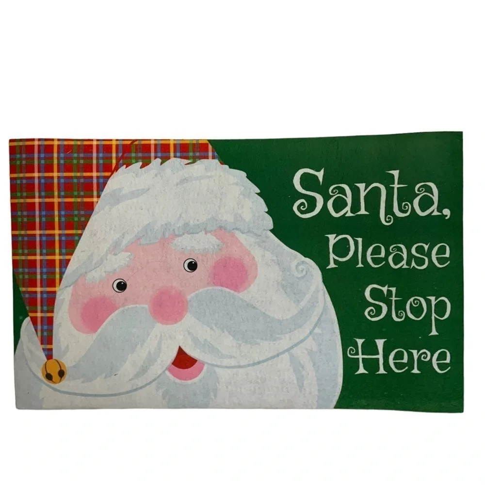 Holiday Santa Doormat Please Stop Here Christmas Indoor Outdoor PlaidGreen Red